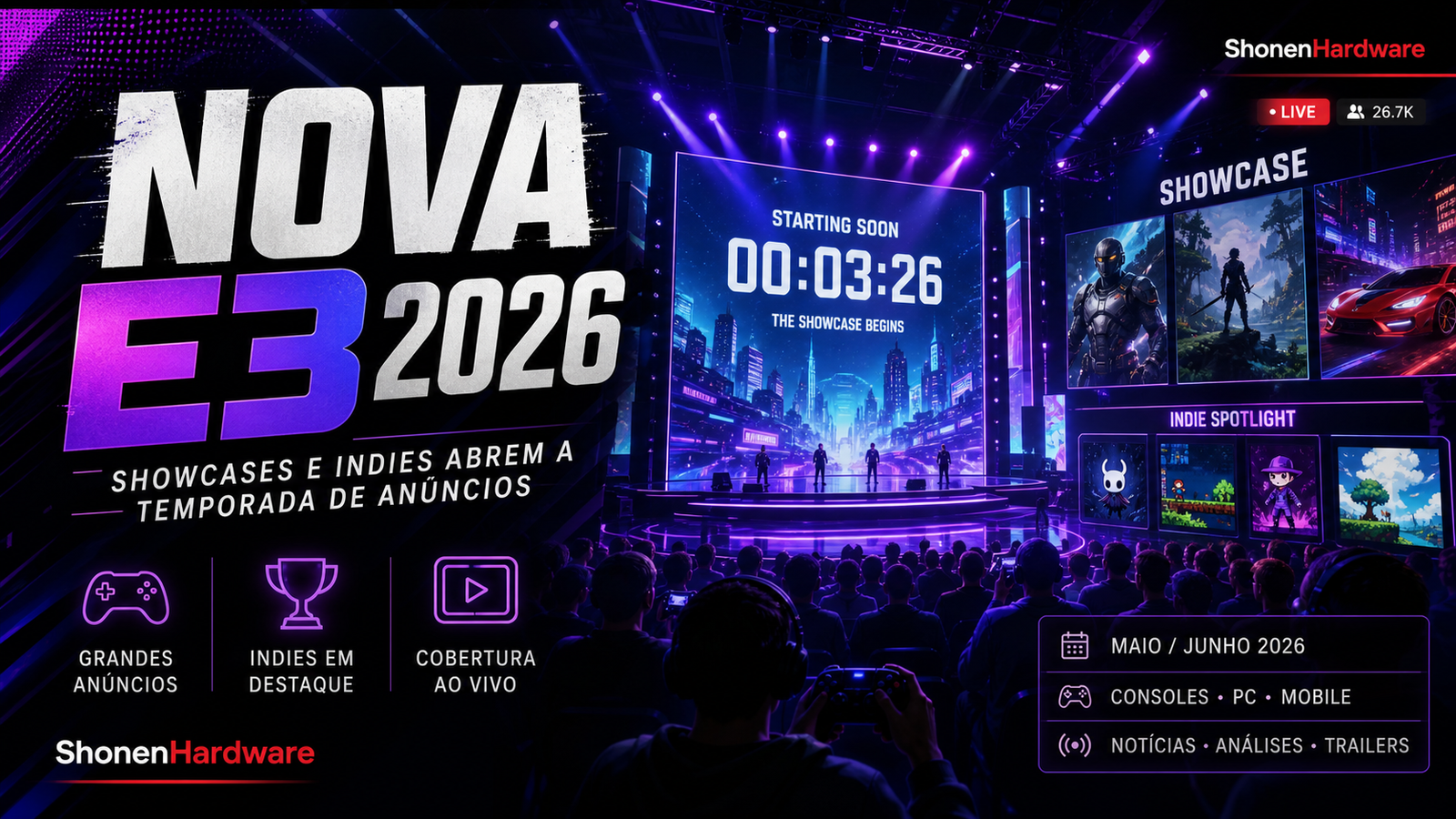 Nova E3 2026 com showcases jogos indies e anuncios