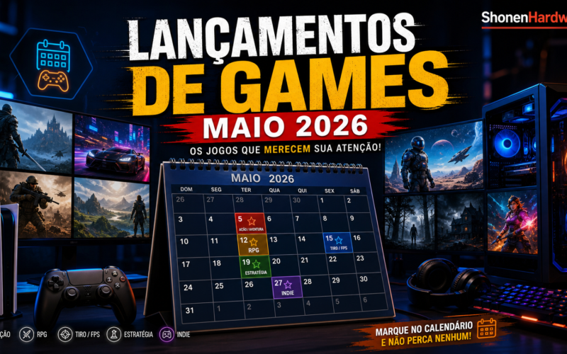 Lançamentos de games de maio de 2026 em calendário gamer