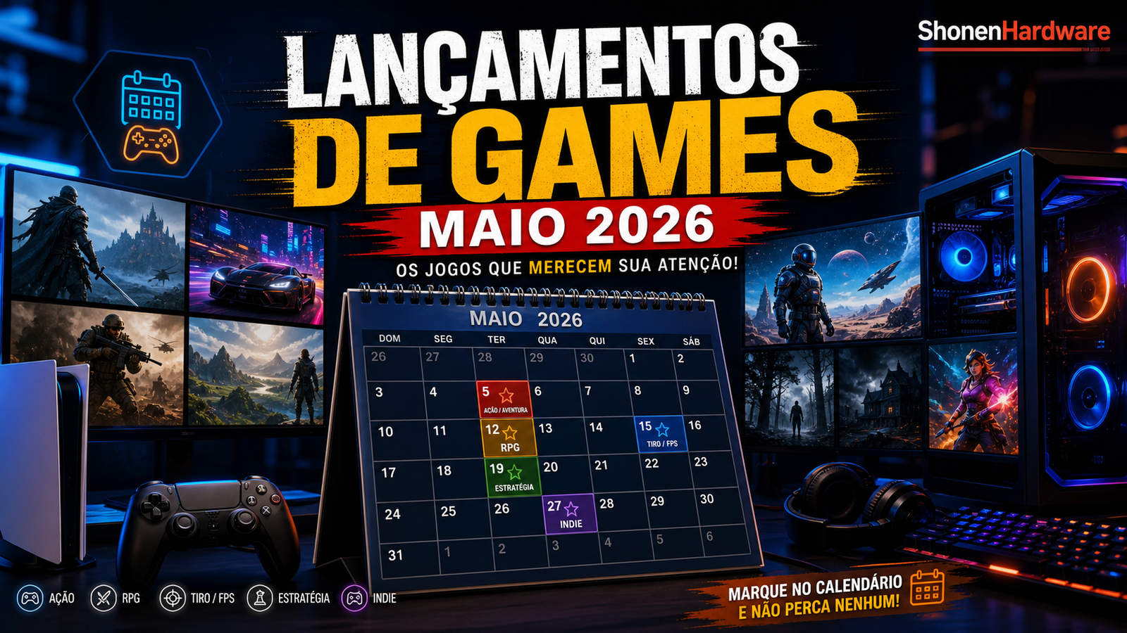 Lançamentos de games de maio de 2026 em calendário gamer