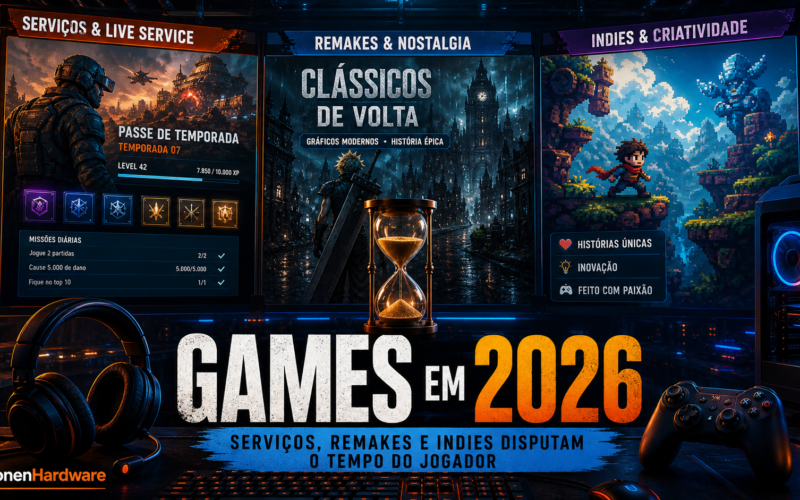 Games em 2026 com serviços remakes indies e tempo do jogador