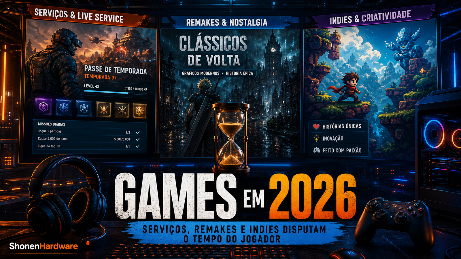 Games em 2026 com serviços remakes indies e tempo do jogador
