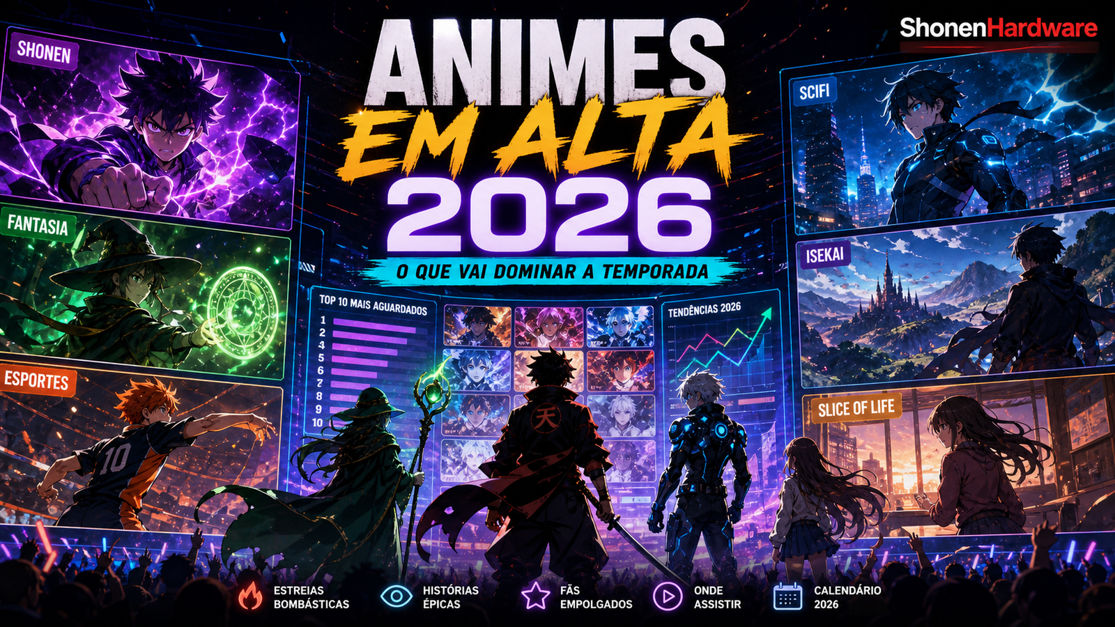 Animes em alta em 2026 com vários gêneros em destaque