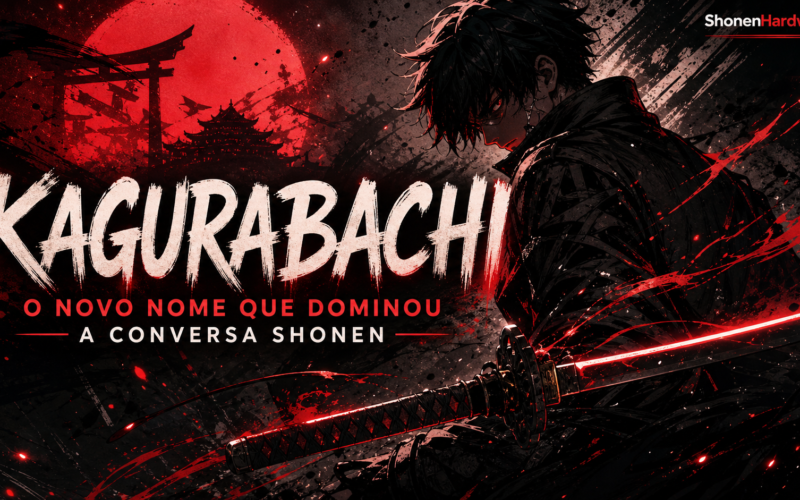 Kagurabachi em clima de shonen sombrio com katana e energia vermelha
