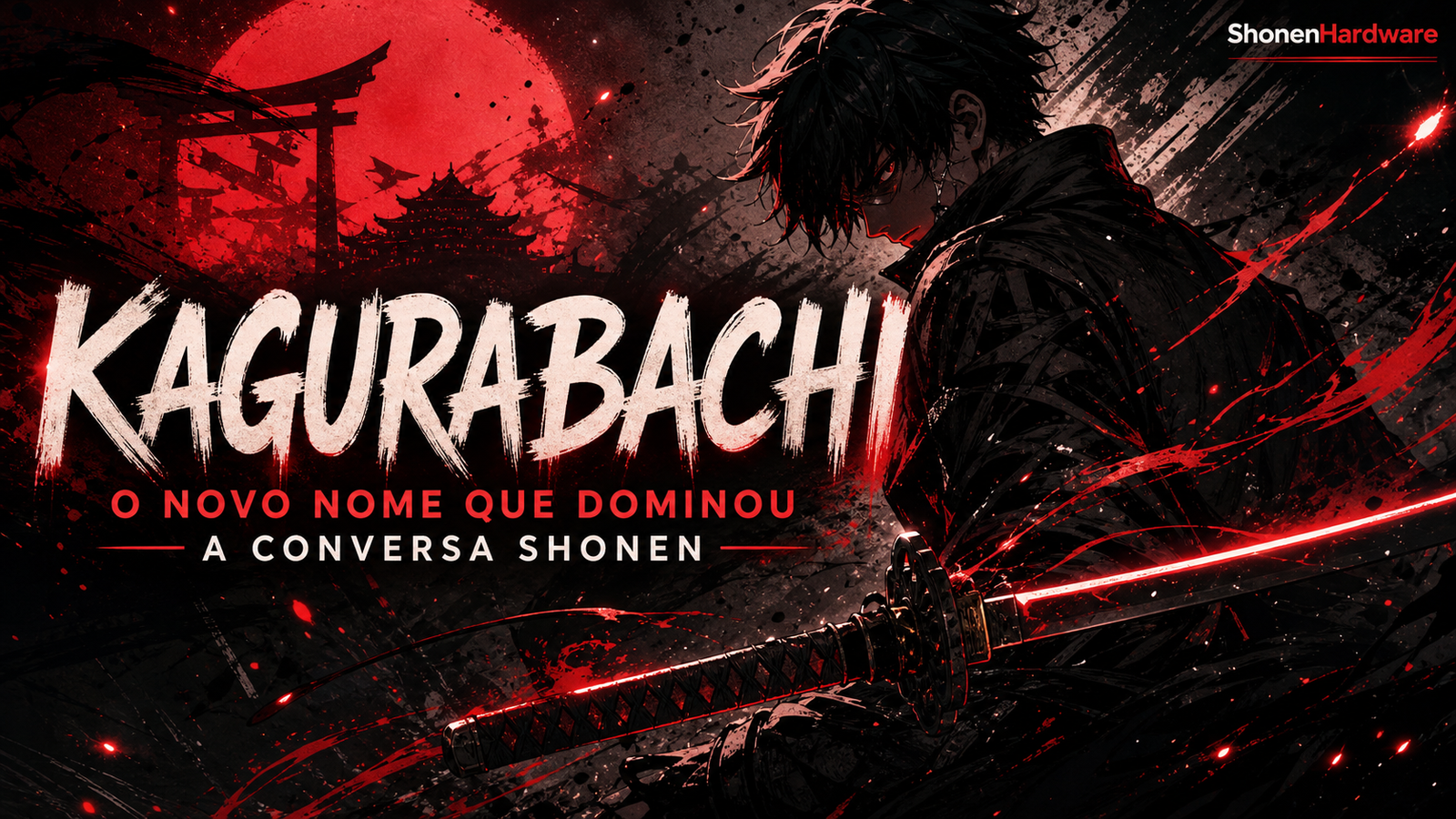 Kagurabachi em clima de shonen sombrio com katana e energia vermelha
