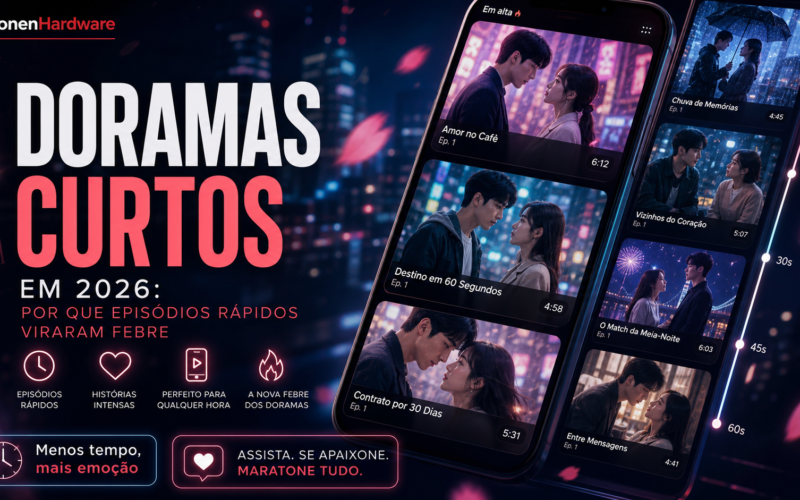 Doramas curtos em 2026 em tela de celular com clima de streaming