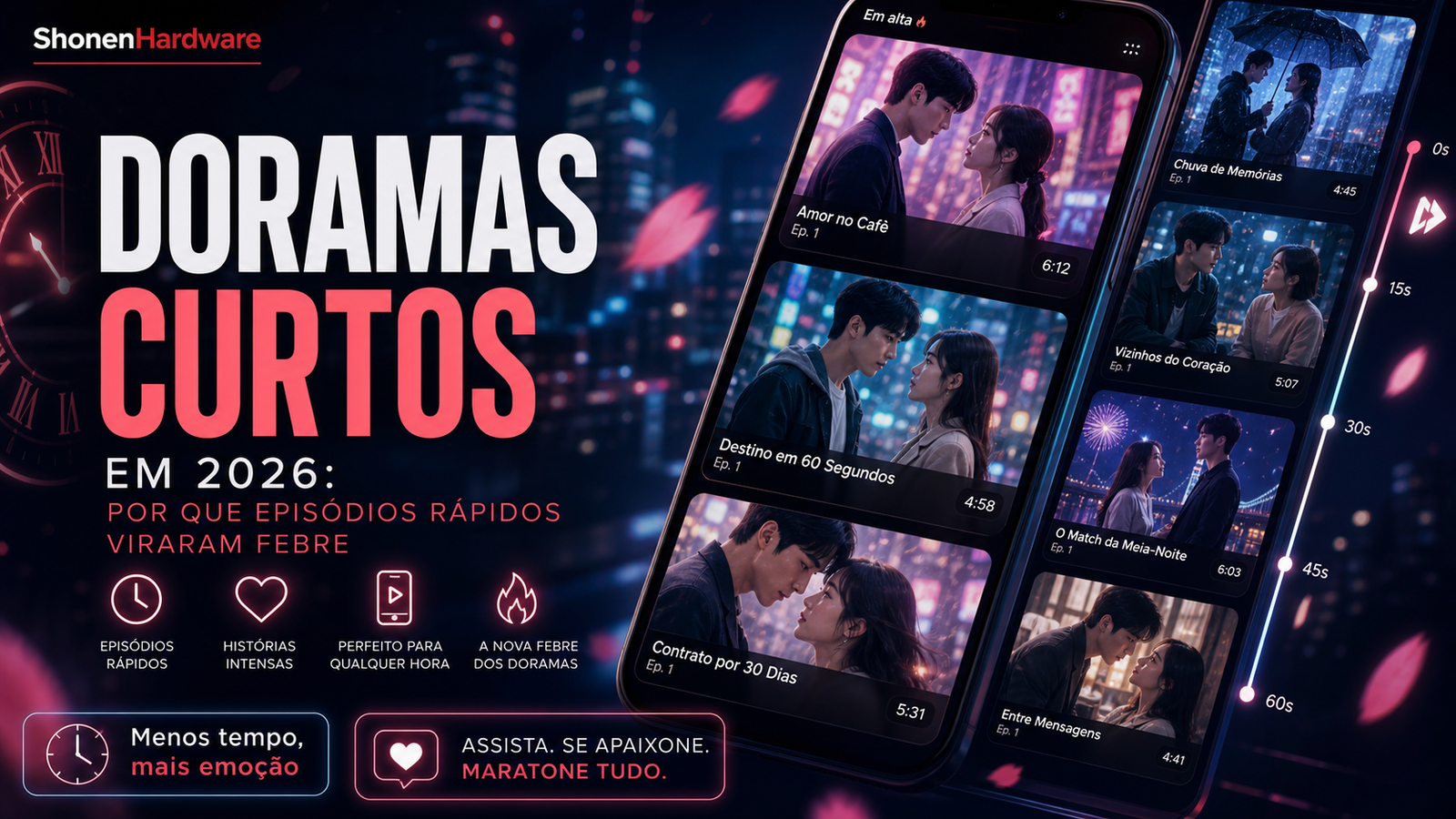 Doramas curtos em 2026 em tela de celular com clima de streaming