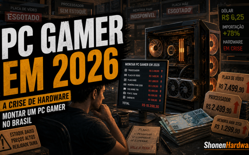 Crise de hardware de 2026 e montagem de PC gamer no Brasil - arte editorial ShonenHardware