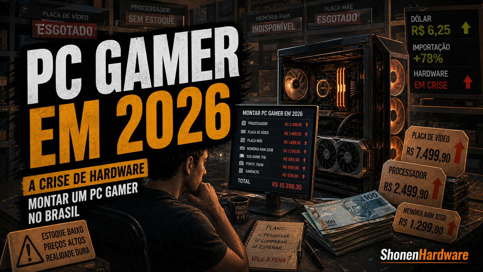 Crise de hardware de 2026 e montagem de PC gamer no Brasil - arte editorial ShonenHardware