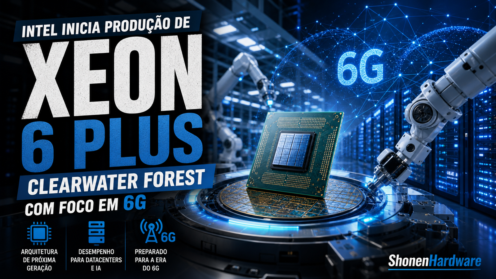 Intel Xeon 6 Plus Clearwater Forest e foco em 6G - arte editorial ShonenHardware