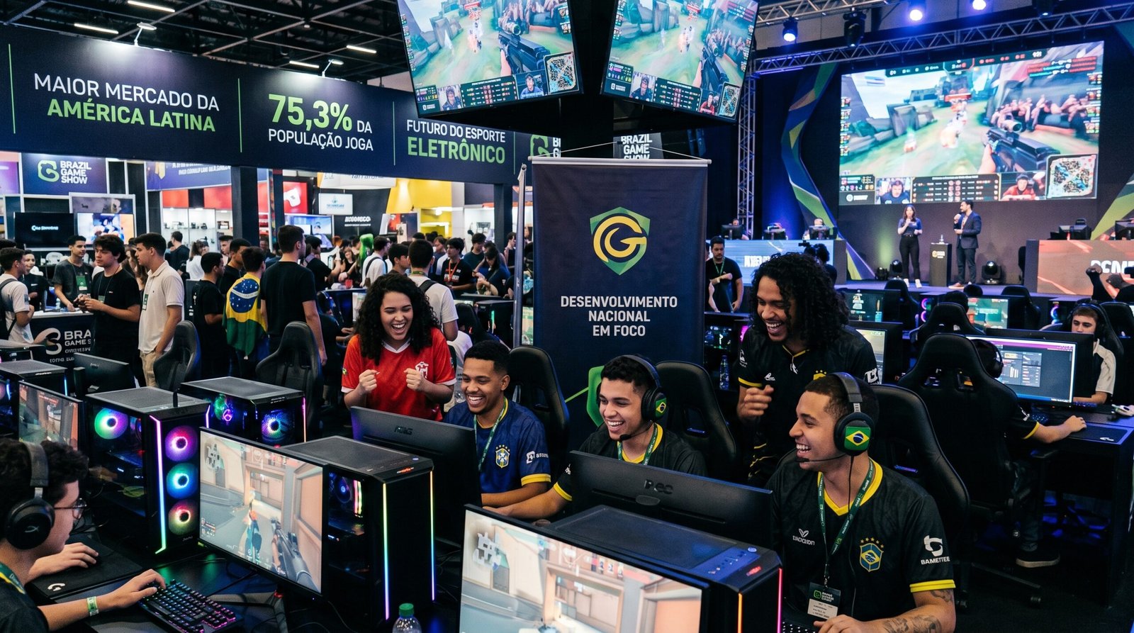A indústria brasileira de games se consolidou como a maior da América Latina, movimentando bilhões. Com a forte consolidação da Geração Z, o setor atinge cerca de \(75,3\%\) da população. O futuro do mercado aponta para a maturidade, com foco em e-sports, expansão do desenvolvimento nacional e novas demandas tecnológicas.