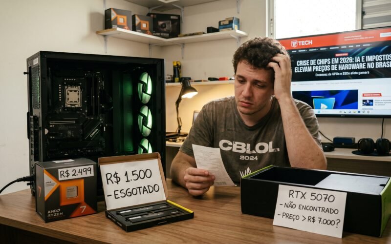 Montar um PC gamer no Brasil em 2026 tornou-se um desafio devido à escassez e ao encarecimento de componentes essenciais. A alta demanda global por chips voltados para Inteligência Artificial, a inflação de semicondutores e a política de taxação de importações encareceram memórias RAM, SSDs e placas de vídeo.