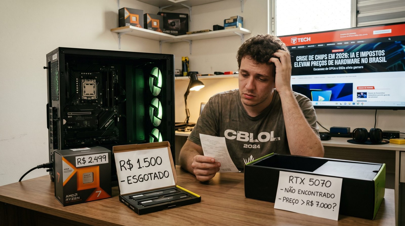 Montar um PC gamer no Brasil em 2026 tornou-se um desafio devido à escassez e ao encarecimento de componentes essenciais. A alta demanda global por chips voltados para Inteligência Artificial, a inflação de semicondutores e a política de taxação de importações encareceram memórias RAM, SSDs e placas de vídeo.