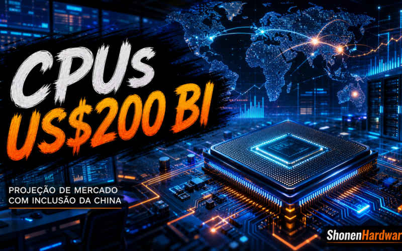 Imagem destacada editorial com chip, mapa global e projecao de mercado de CPUs com inclusao da China