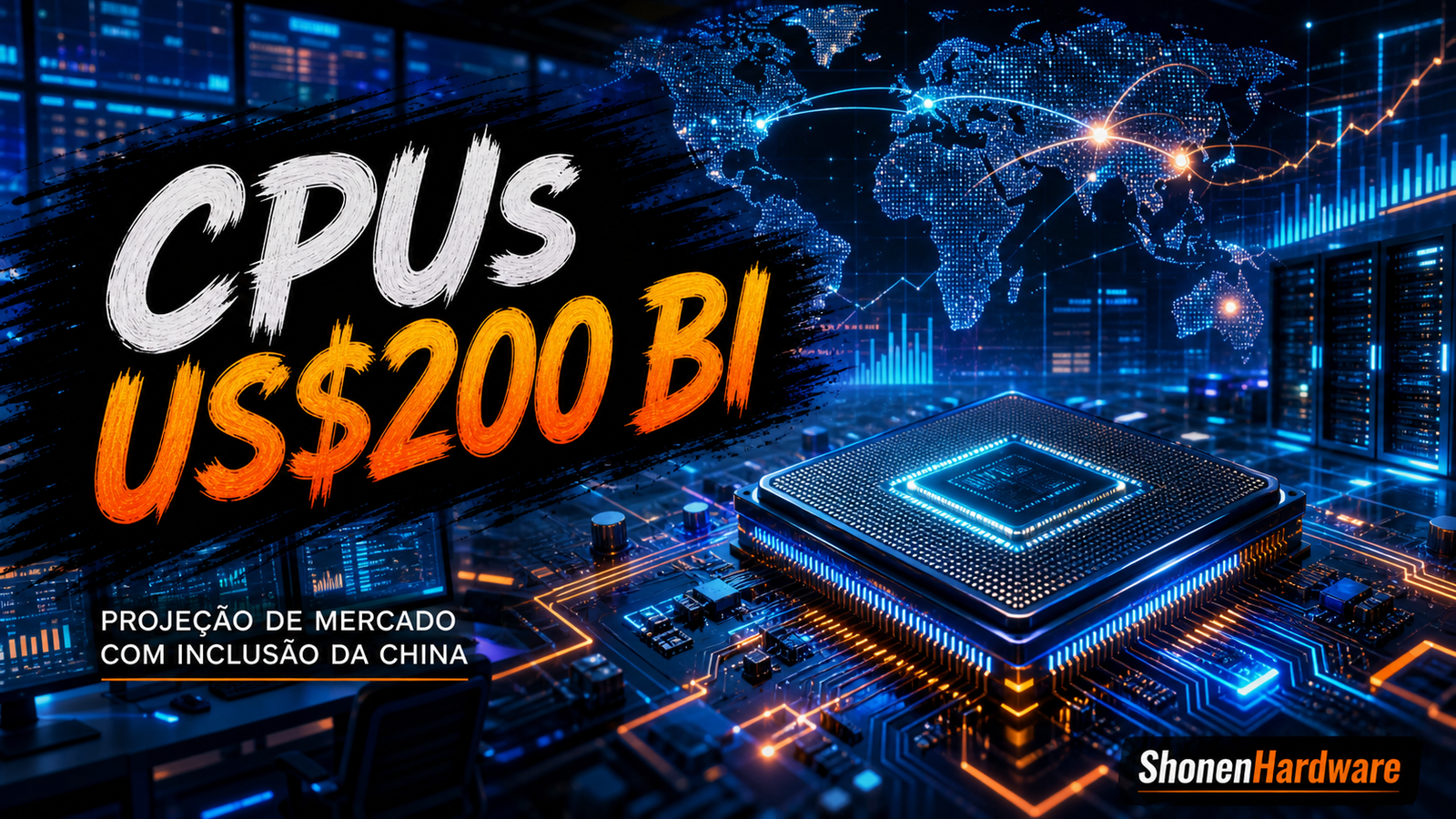 Imagem destacada editorial com chip, mapa global e projecao de mercado de CPUs com inclusao da China