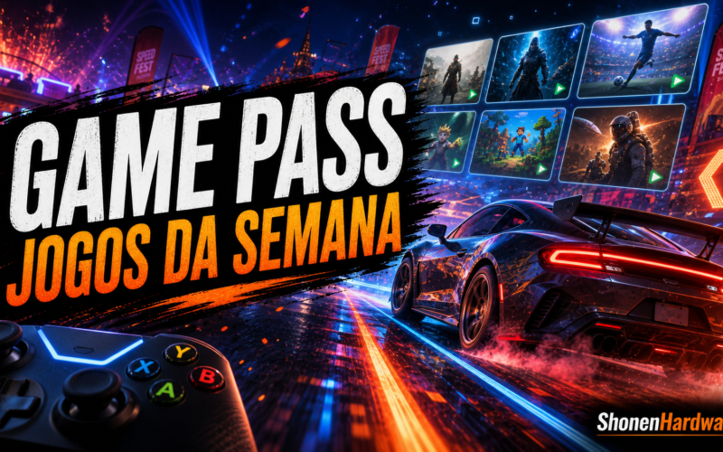 Imagem destacada editorial com carro de corrida neon e catalogo de jogos para Xbox Game Pass