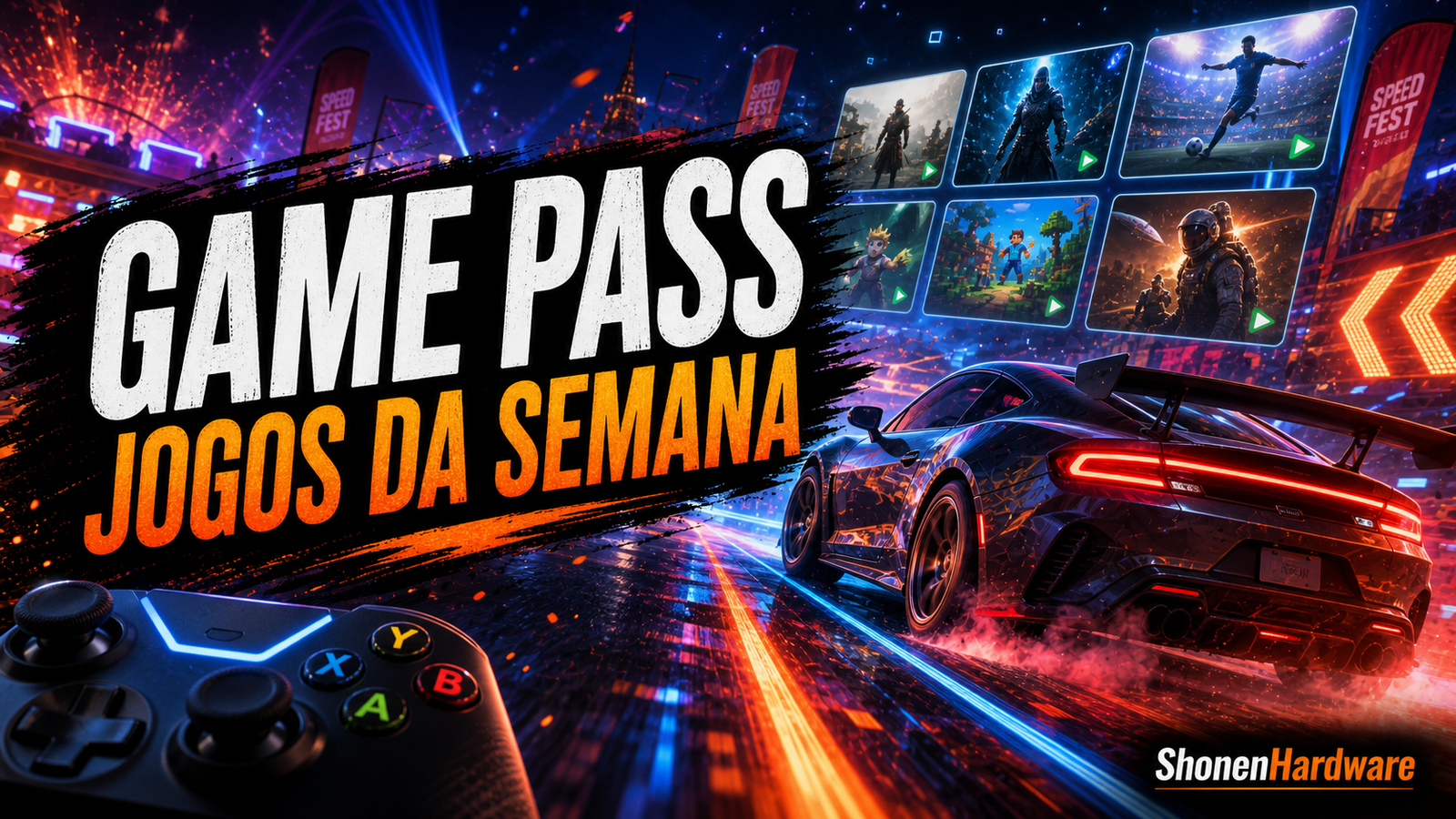 Imagem destacada editorial com carro de corrida neon e catalogo de jogos para Xbox Game Pass