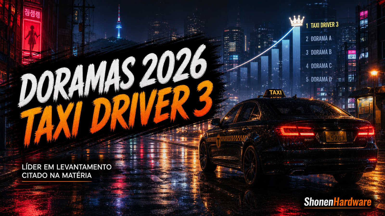 Imagem destacada editorial com taxi em rua chuvosa para doramas 2026 e Taxi Driver 3
