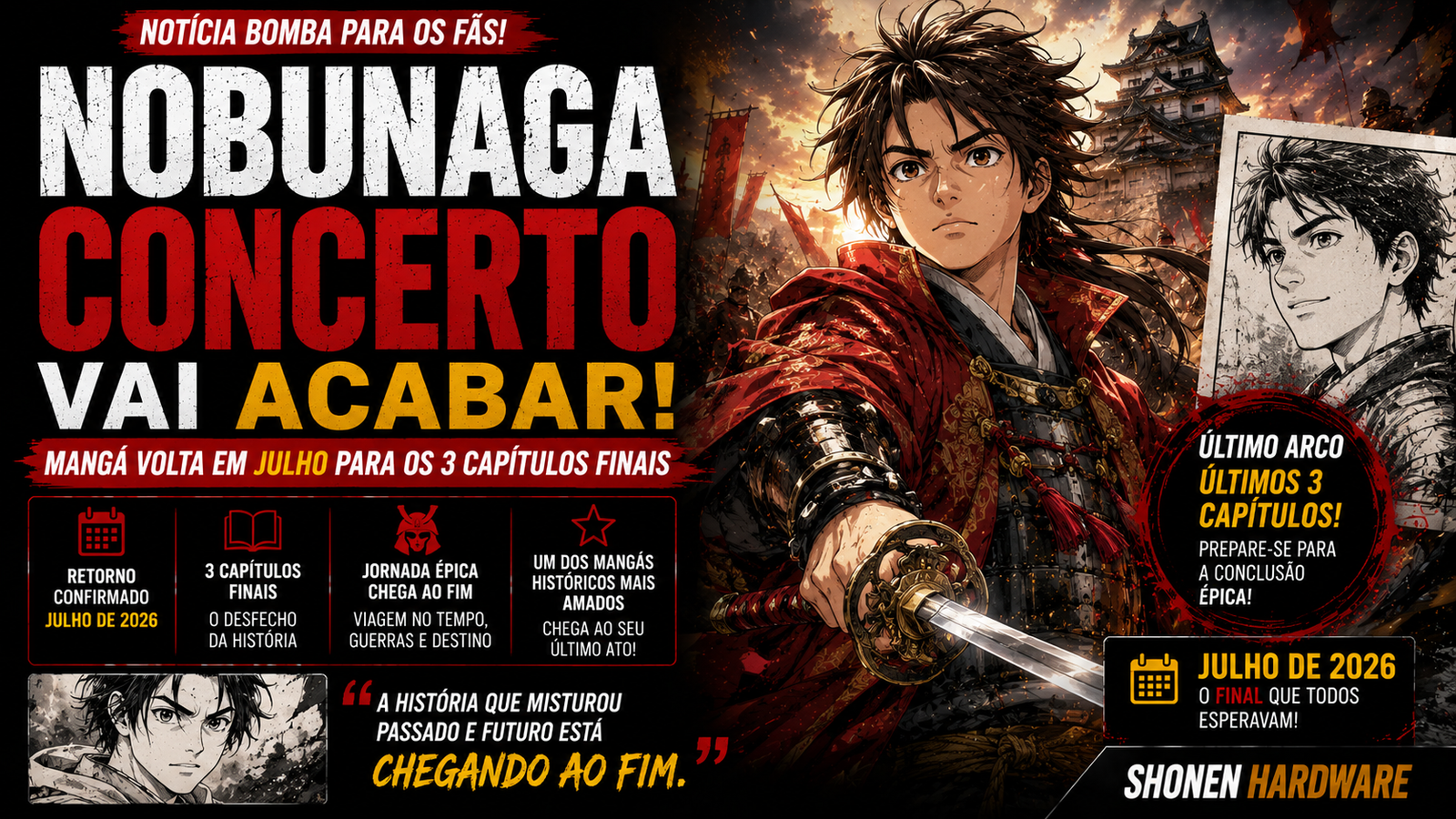 Nobunaga Concerto vai acabar: mangá volta em julho para os 3 capítulos finais.